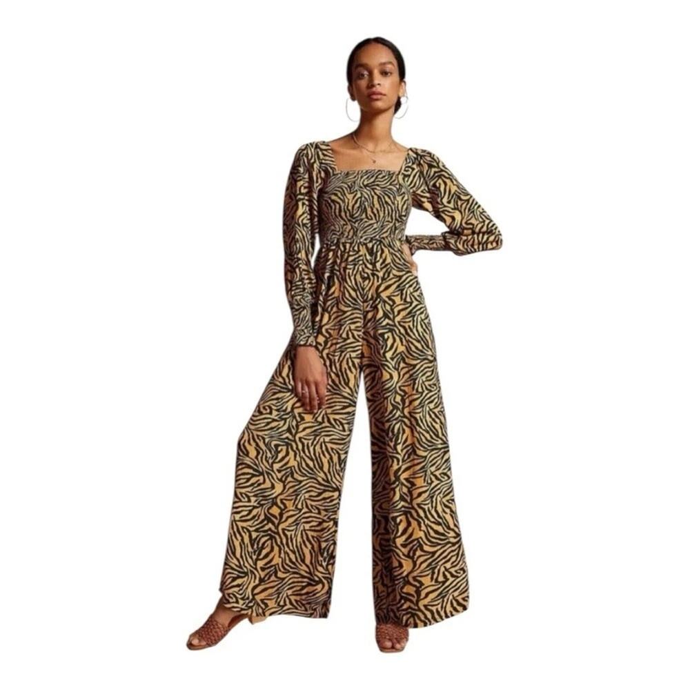 Anthropologie X Kachel Tiger Striped Smocked Wide Leg Jumpsuit Sz 12 One Piece